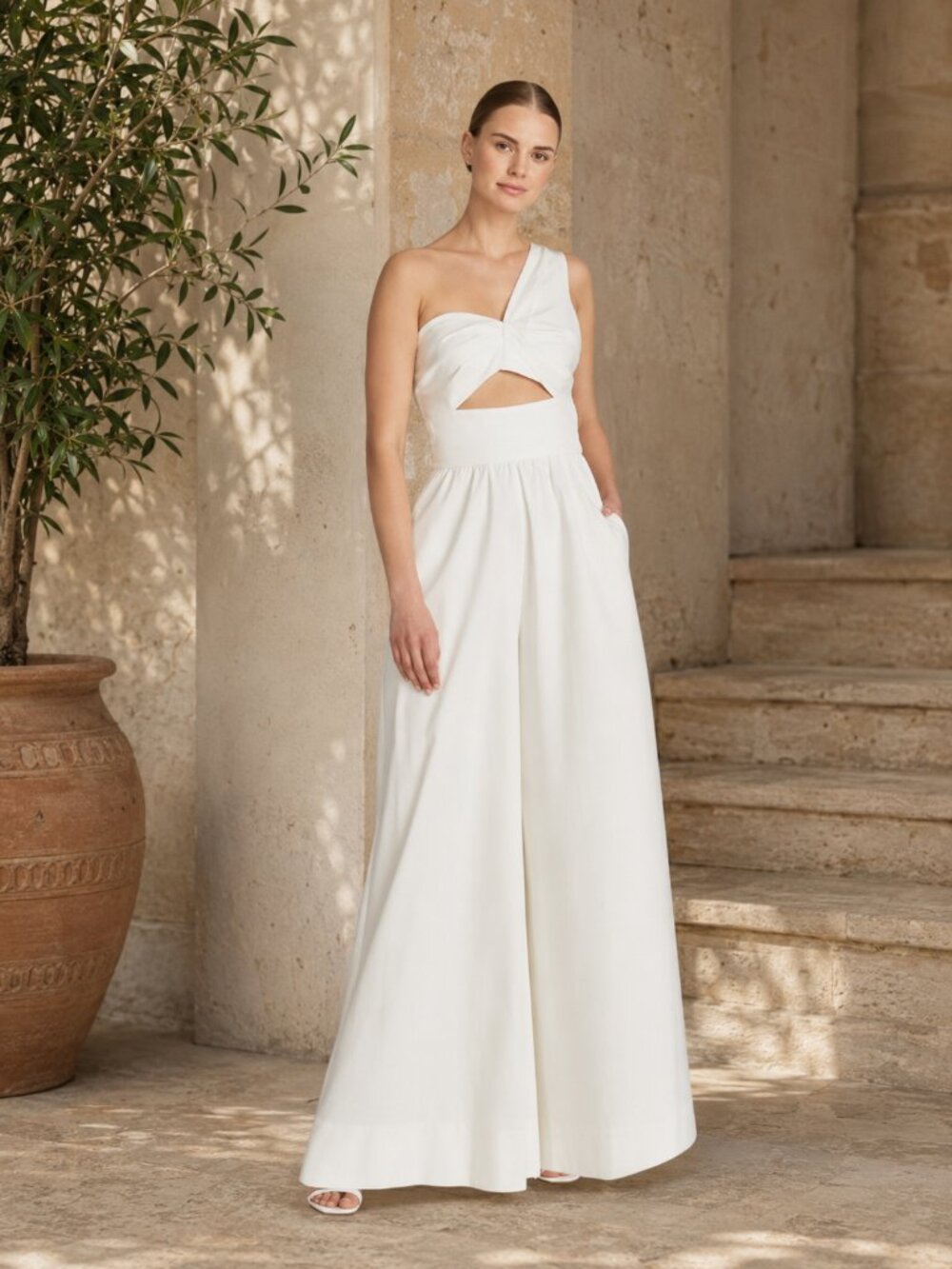 Amur Paris One Shoulder Wide Leg Cutout Off White Jumpsuit Sz 0